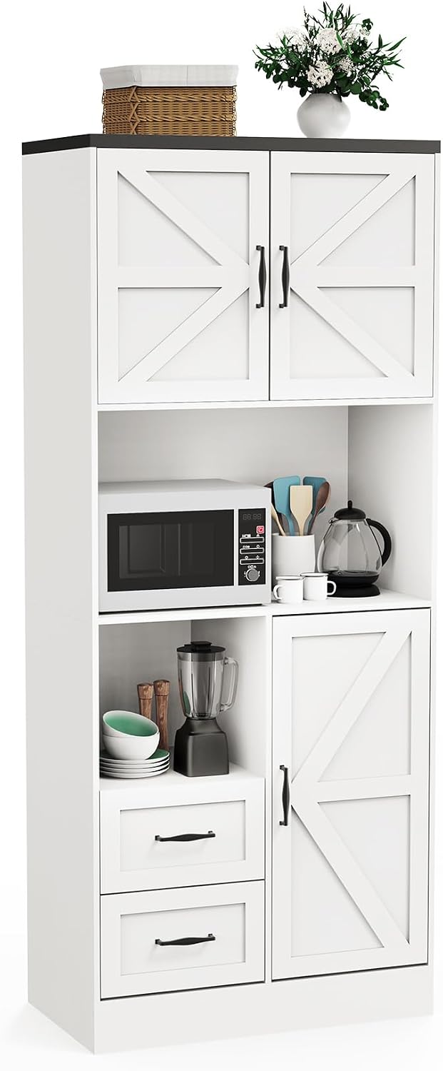 Bigbiglife Farmhouse Kitchen Pantry Cabinet with LED Lights and Power Strip, Tall Kitchen Storage Cabinet, Kitchen Hutch with Microwave Stand & Barn Doors and Drawers for Dining Room (White)