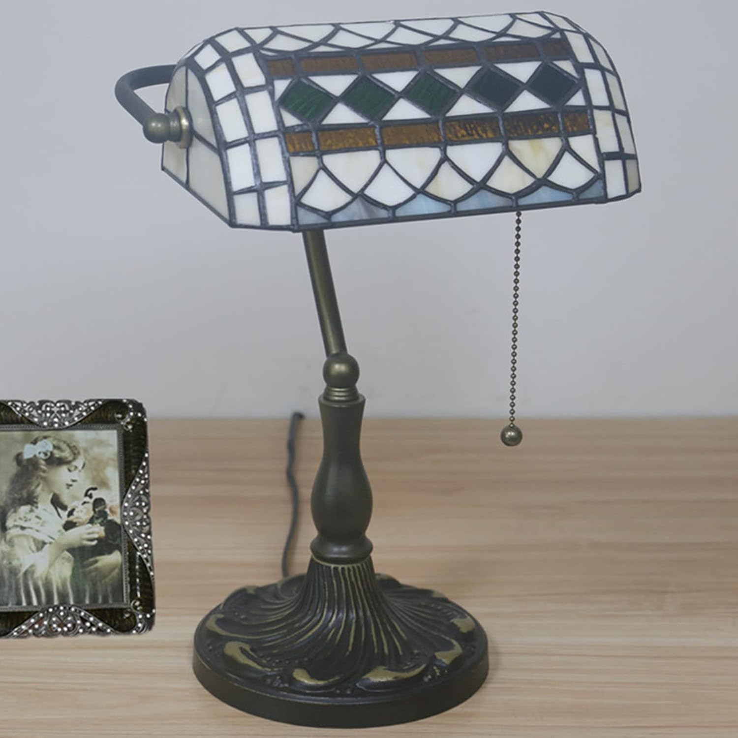 Tiffany Style Bankers Table Lamp Stained Glass Piano Desk Lamp Vintage Bedroom Bedside Lamp for Study,Antique Alloy Base,Zipper Switch,Green e