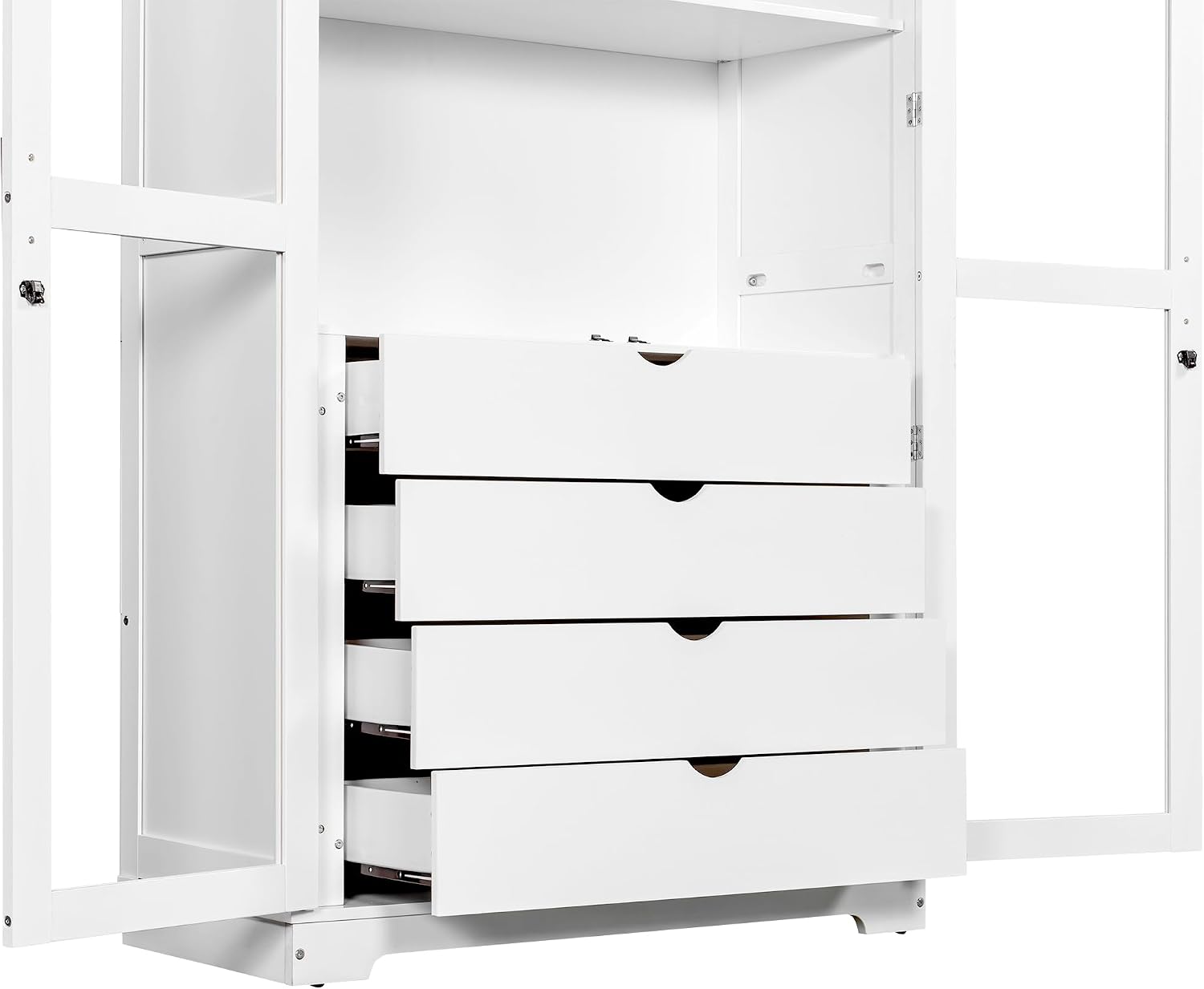 Modern 75inch Kitchen Pantry, Freestanding Kitchen Storage Cabinet Display Cabinet with Glass Doors and 4 Built-in Drawers for Living Room, Home Office (White-30r)