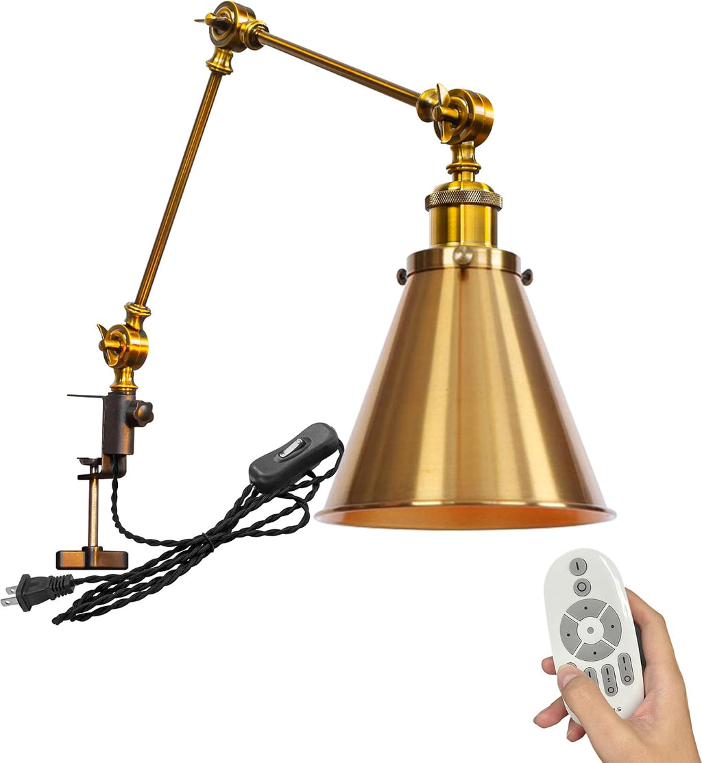 Kiven Dimmable Clamp Lamp, 1-Light Aluminum Nightstand Lamp with Flexible Swing Arm, Remote Control, Industrial Decorative Clip-on Desk Lamp for Bookshelf Office Bedside,Gold