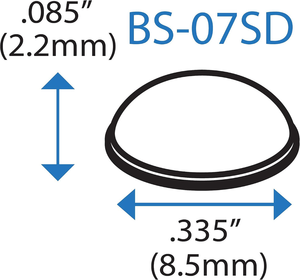 Bumper Specialties Self Adhesive Bumper Feet 0.335' x 0.085' (8.5mm x 2.2mm) Clear Hemispherical Soft Polyurethane Pads for Cabinet Door Sound Dampening, 5,400 Pieces per Box, BS07SD