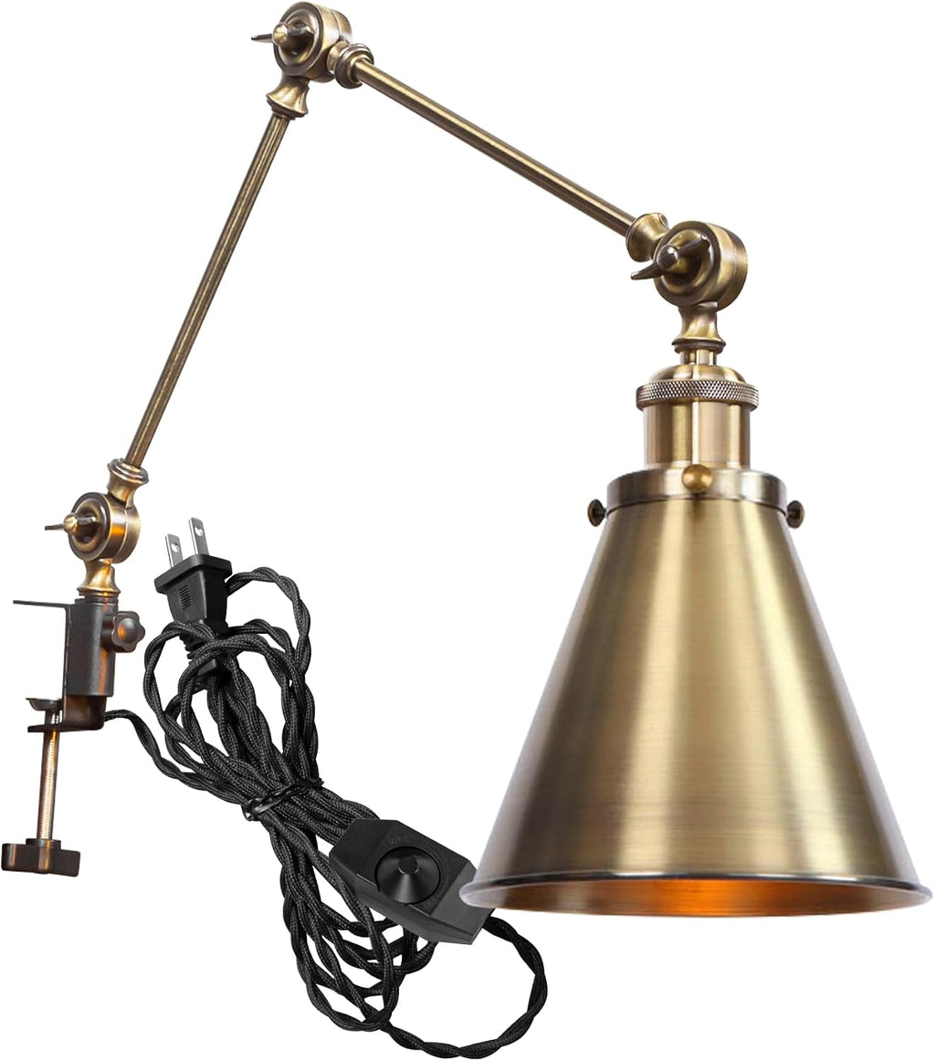 Kiven Dimmable Clamp Lamp, 1-Light Aluminum Nightstand Lamp with Flexible Swing Arm, 8.2FT Plug in Cord, Industrial Decorative Clip-on Desk Lamp for Bookshelf Office Bedside,Bronze