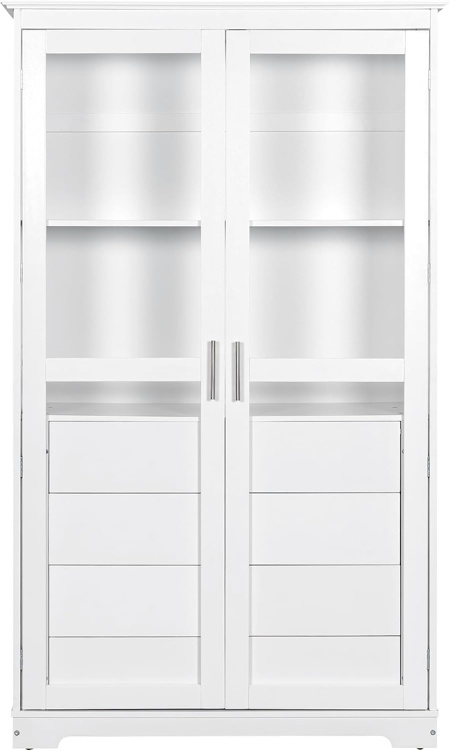 Modern 75inch Kitchen Pantry, Freestanding Kitchen Storage Cabinet Display Cabinet with Glass Doors and 4 Built-in Drawers for Living Room, Home Office (White-30r)