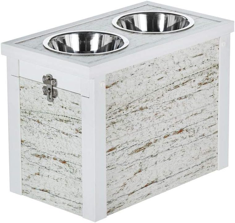 New Age Pet ECOFLEX Piedmont 2-Bowl Diner with Sliding Lid Storage Bin, Distressed Off White (EHHF307XL)