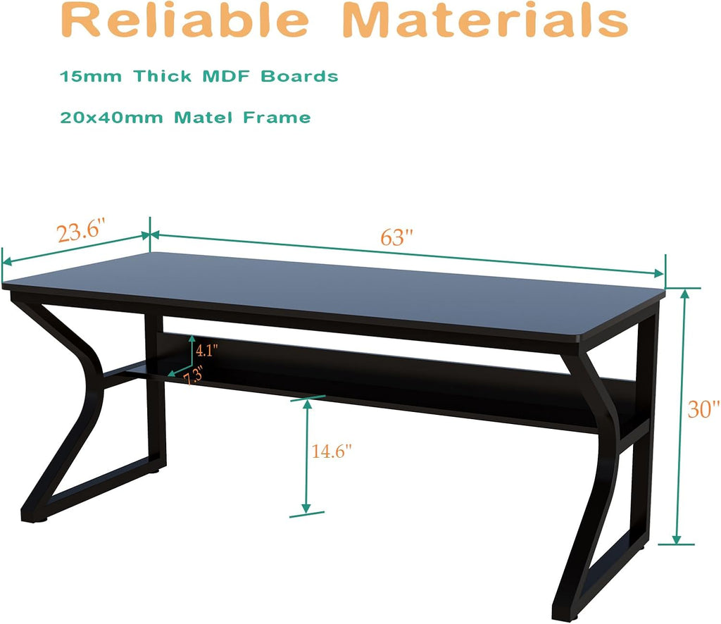OSCHF Extra Long Desk with Bookshelf - 63' Double Long Writing Table for 2-Person Workstation, Modern Study Work Computer Desk for Home and Office, Black