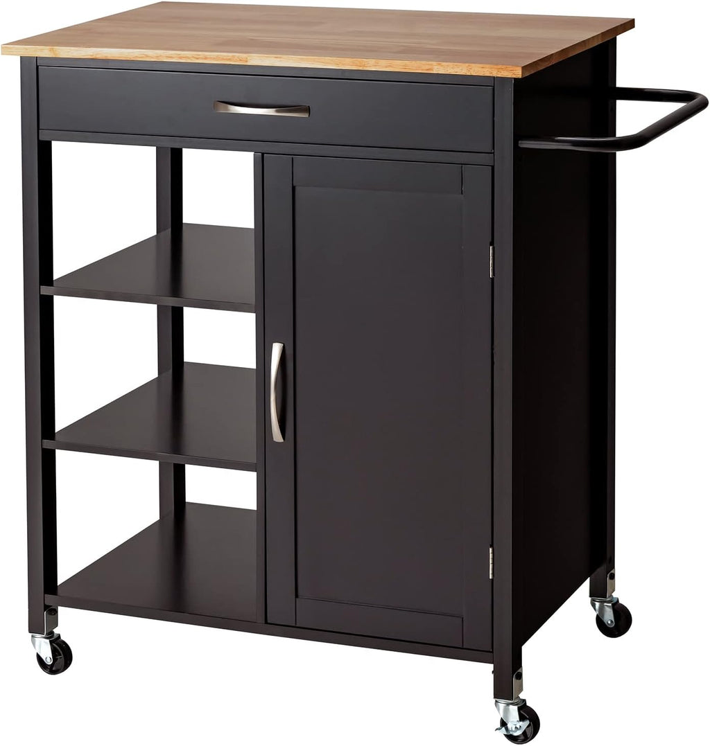 Giantex Kitchen Island - Mobile Kitchen Cart on Wheels, 1-Door Storage Cabinet, Large Drawer, 3 Tier Shelves, Rubber Wood Countertop, Towel Handle, Rolling Serving Cart for Dining Room Bar (Brown)