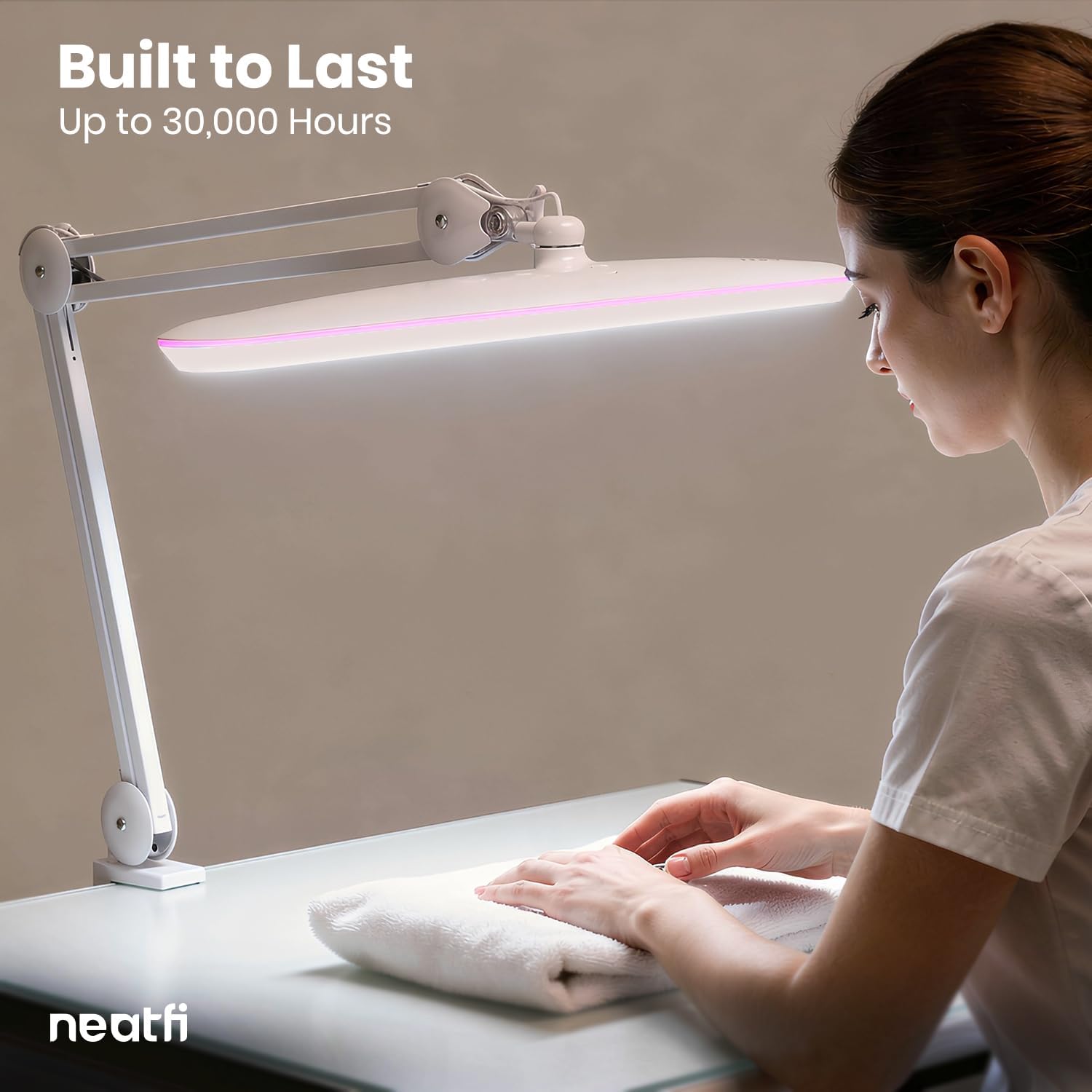 Neatfi XL 2,200 Lumens 24W LED Desk Lamp – 23' Wide Shade | Dimmable Eye-Caring Task Light | Adjustable Arm | Home Office, Study, Crafts & Nail Tech (White with Pink Ring, Non-CCT with Clamp)