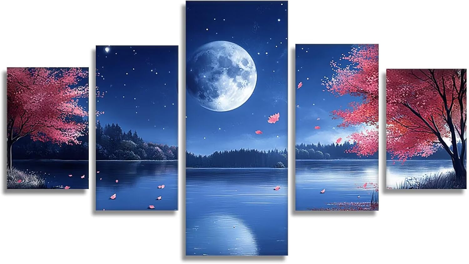 Cherry Blossoms Diamond Art 5 Piece Diamond Painting Moon 5D Full Square Drill Dimond Art Paintings Crystal Crafts for Adults Gem Painting for Home Decor, Large Artwork for Wall 36 x 70 Inch, Model414