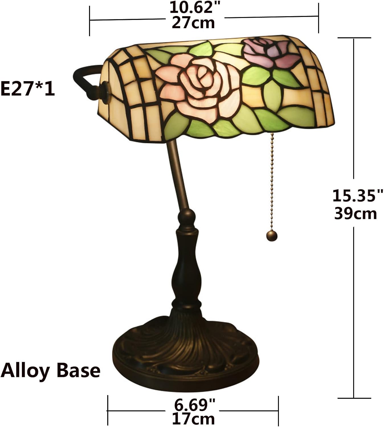 Tiffany Style Bankers Table Lamp Stained Glass Piano Desk Lamp Vintage Bedroom Bedside Lamp for Study,Antique Alloy Base,Zipper Switch,Rose c