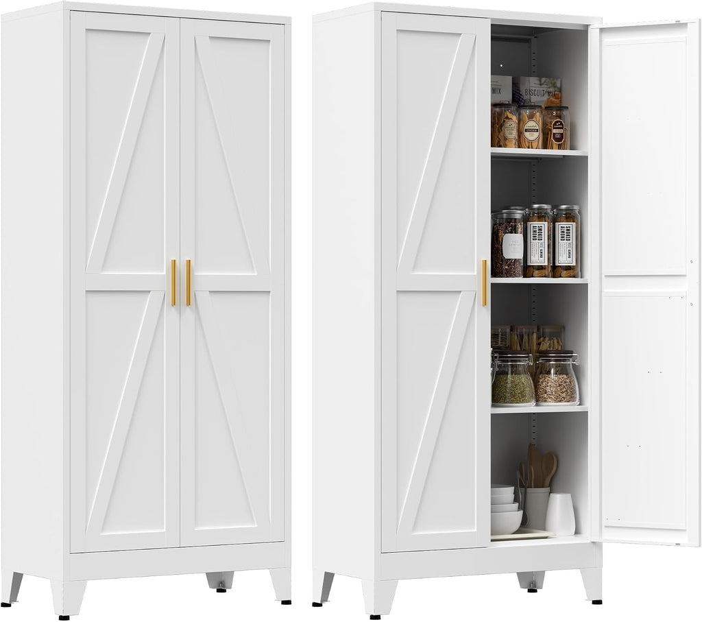 61' Tall Metal Pantry Cabinet, Kitchen Storage Cabinet with 2 Doors and 3 Adjustable Shelves for Kitchen, Living Room, Dining Room, Bathroom and Home, Office (White, 1PC)