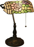 Tiffany Style Bankers Table Lamp Stained Glass Piano Desk Lamp Vintage Bedroom Bedside Lamp for Study,Antique Alloy Base,Zipper Switch,Rose c
