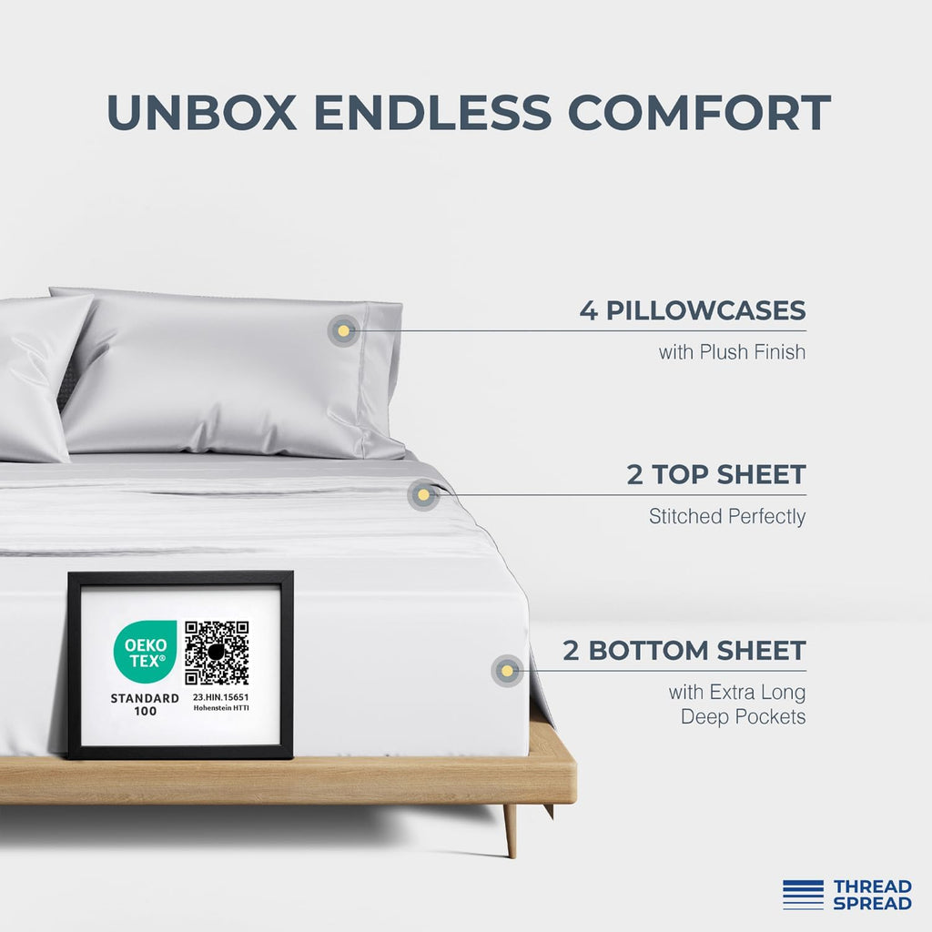 THREAD SPREAD 100% Egyptian Cotton King Size Sheet Set Pack of 2 - Luxury 1500 Series Egyptian Cotton Sheets King Size (Pack of 2, White), Silky Soft, Sateen Weave, Cooling, 17' Deep Pocket Bed Set