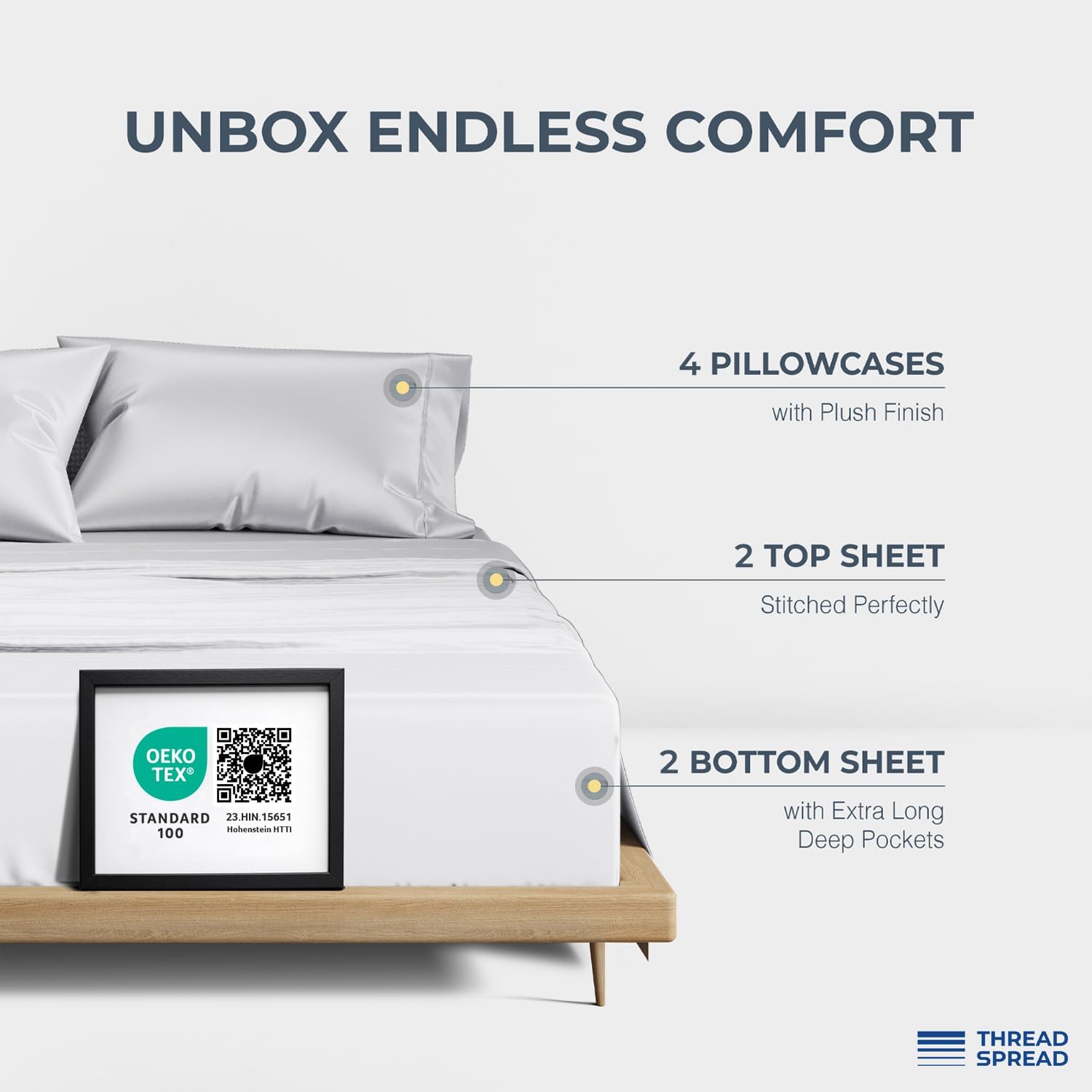 THREAD SPREAD 100% Egyptian Cotton King Size Sheet Set Pack of 2 - Luxury 1500 Series Egyptian Cotton Sheets King Size (Pack of 2, White), Silky Soft, Sateen Weave, Cooling, 17' Deep Pocket Bed Set