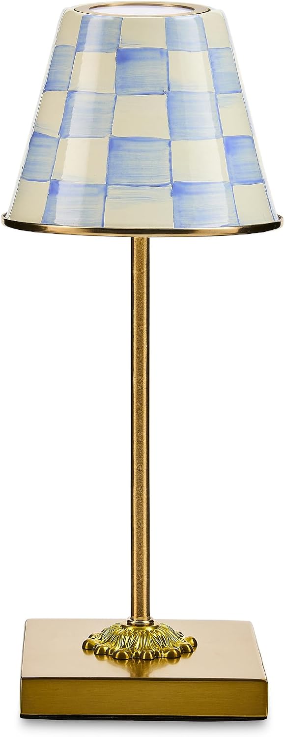 MACKENZIE-CHILDS LED Rechargeable Cafe Table Lamp, Cordless Decorative Lamp, Light-Blue-and-White Sky Check