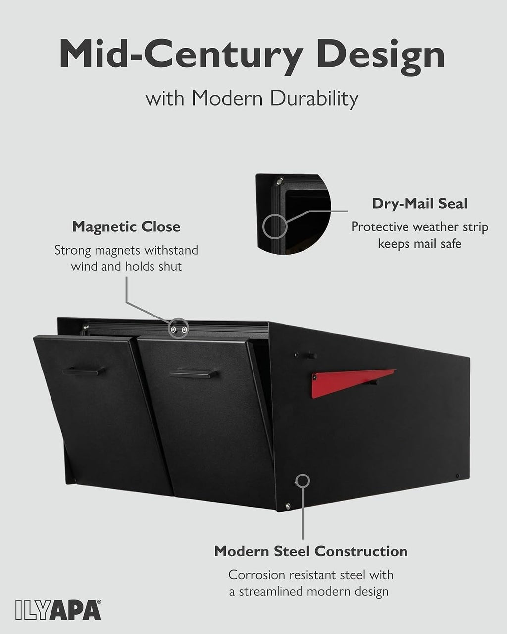 Ilyapa Black Double Mailbox, Post Mount Mailboxes for Outside- Two Sided Mail Box for 2 Houses with Standard Single Mounting, Door Numbering Kit, Outdoor All Weather with Magnetic Doors