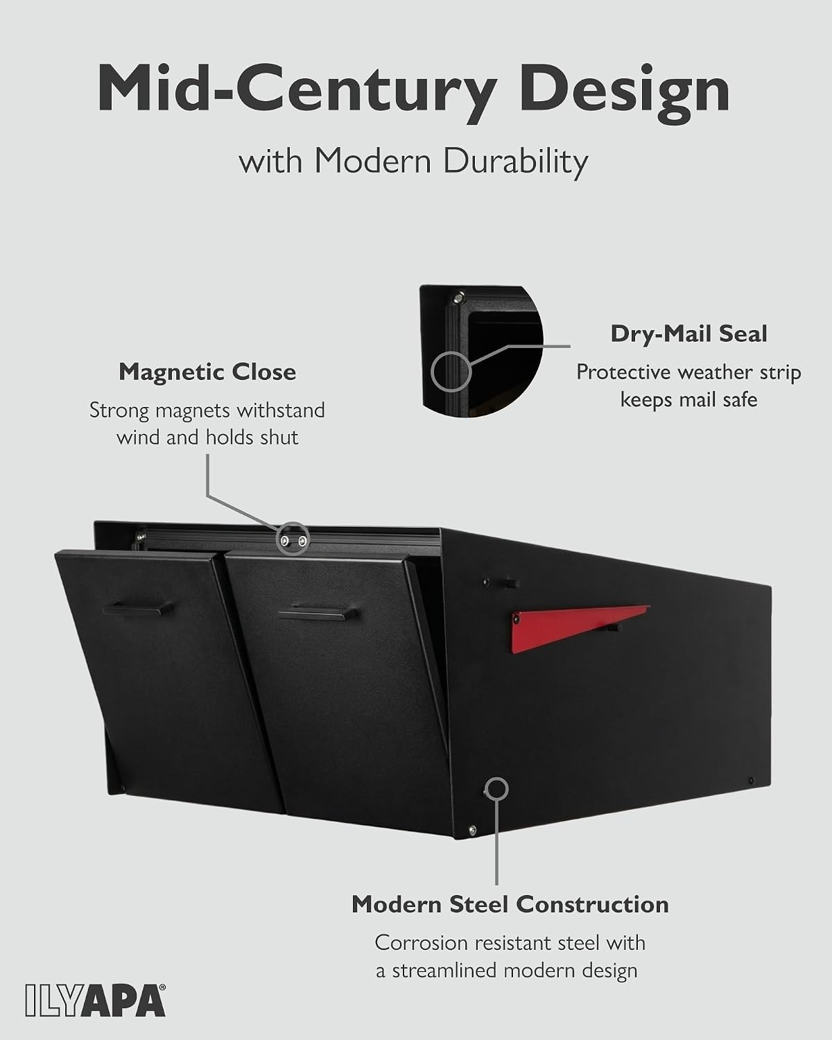 Ilyapa Black Double Mailbox, Post Mount Mailboxes for Outside- Two Sided Mail Box for 2 Houses with Standard Single Mounting, Door Numbering Kit, Outdoor All Weather with Magnetic Doors