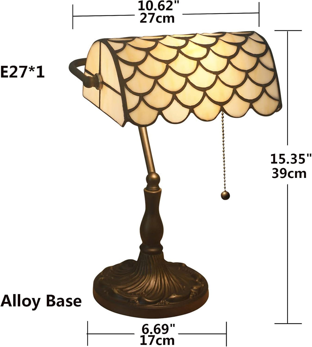 Tiffany Style Bankers Table Lamp Stained Glass Piano Desk Lamp Vintage Bedroom Bedside Lamp for Study,Antique Alloy Base,Zipper Switch,Green d