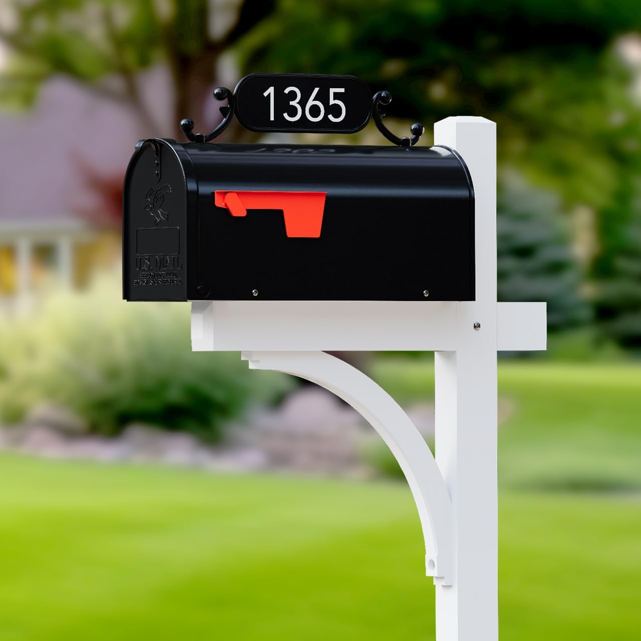The Glenbrook Deluxe Mailbox and Post - Personalized Complete System with Custom Street Address Plate, Steel Mailbox, and Aluminum Post Included (Black with White Post)
