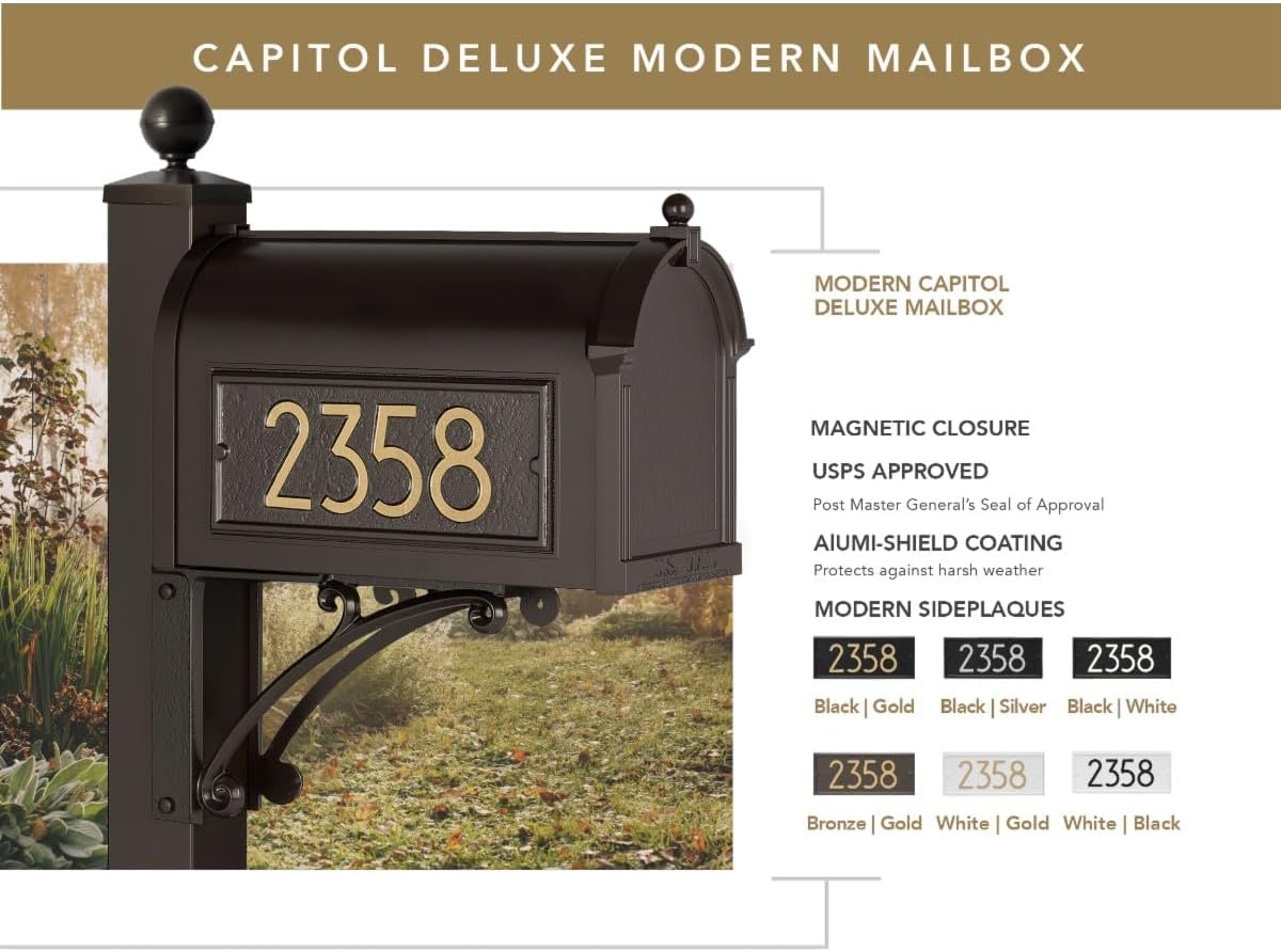 Whitehall Custom Extra Large Mailbox, Capitol Model with Modern Style Address Plaques and Post Package, Sand Cast Aluminum, Black Personalized in White