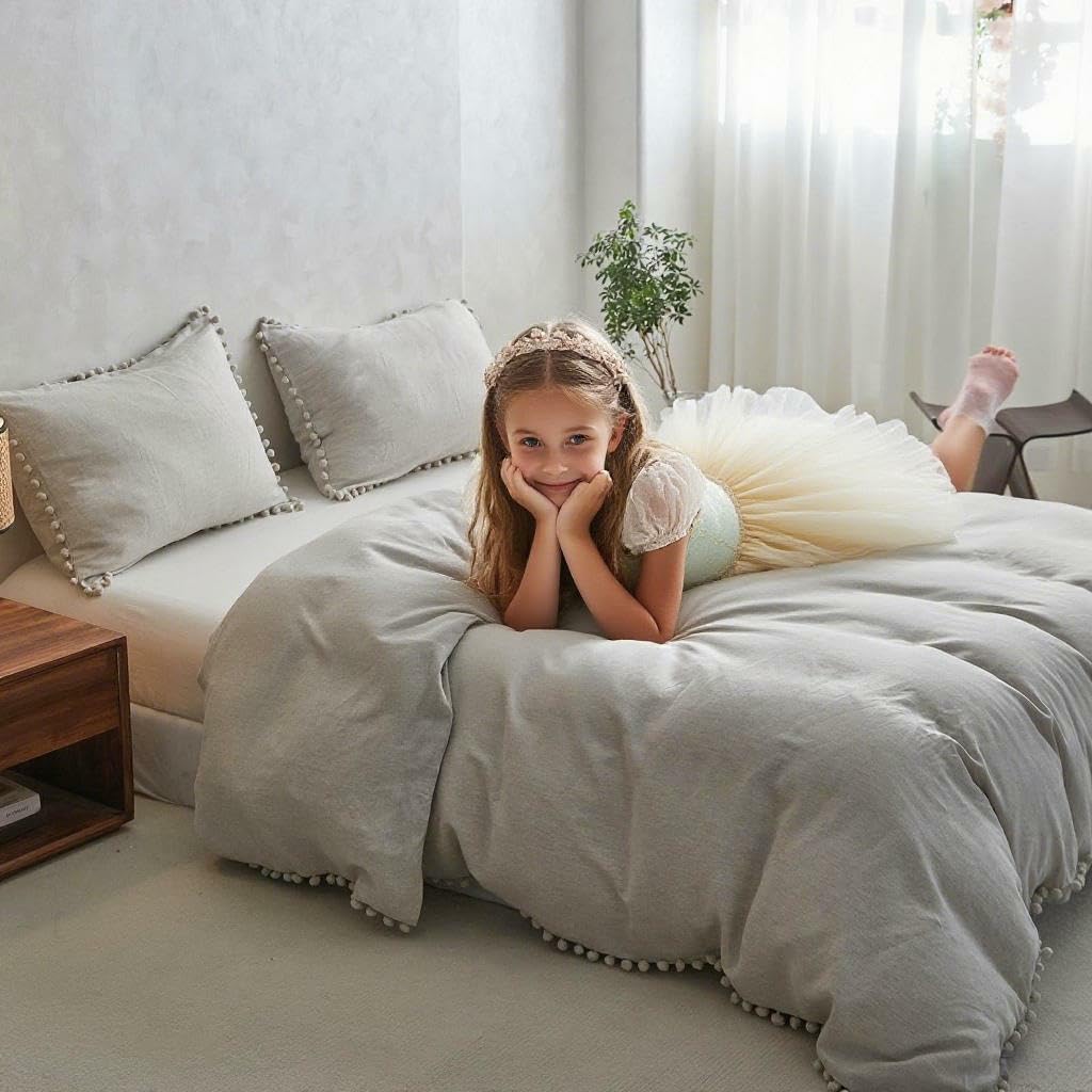 Simple&Opulence French Linen Blended Duvet Cover King, Flax Viscose Derived from Bamboo Bedding Set with Pom Pom Trim Soft Cooling for Hot Sleepers, 1 Boho Comforter Cover and 2 Pillow Shams, Linen