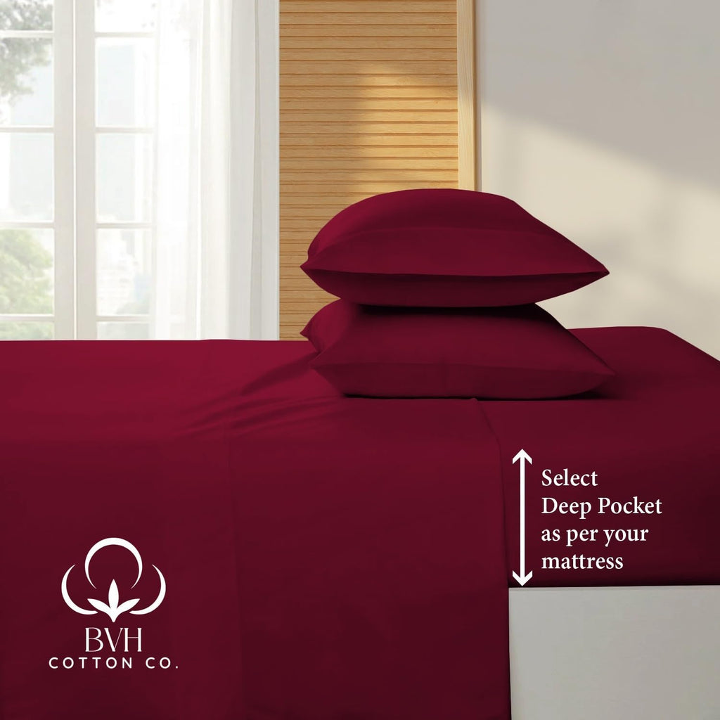 Egyptian Cotton Queen Size Sheet Set, 4Pc Bed Set, Soft & Breathable Percale Weave, Fits 10-12' Deep Pocket, Hotel-Quality 1000 Series Bed Sheets (Solid, Burgundy)