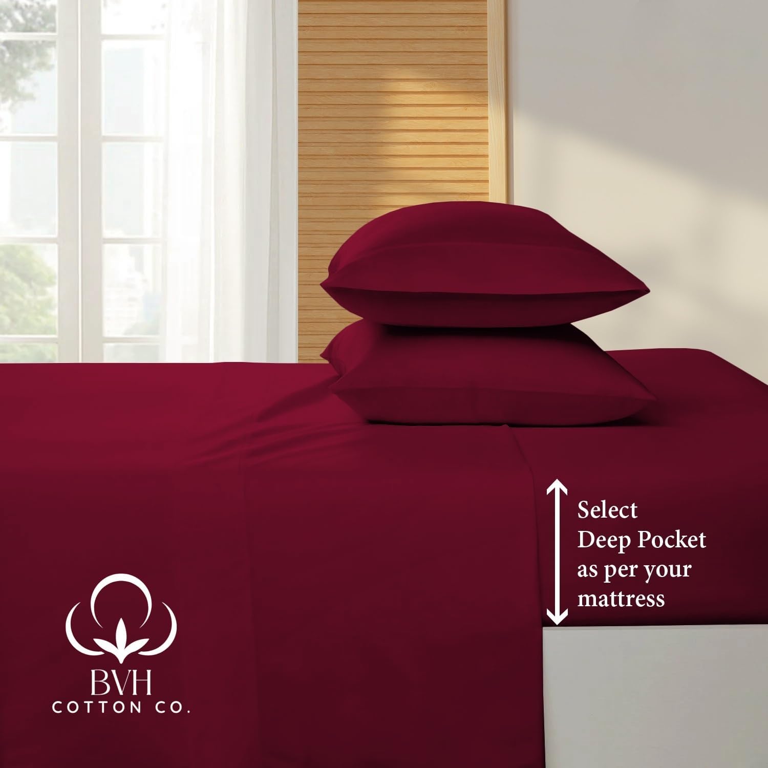 Egyptian Cotton Queen Size Sheet Set, 4Pc Bed Set, Soft & Breathable Percale Weave, Fits 10-12' Deep Pocket, Hotel-Quality 1000 Series Bed Sheets (Solid, Burgundy)