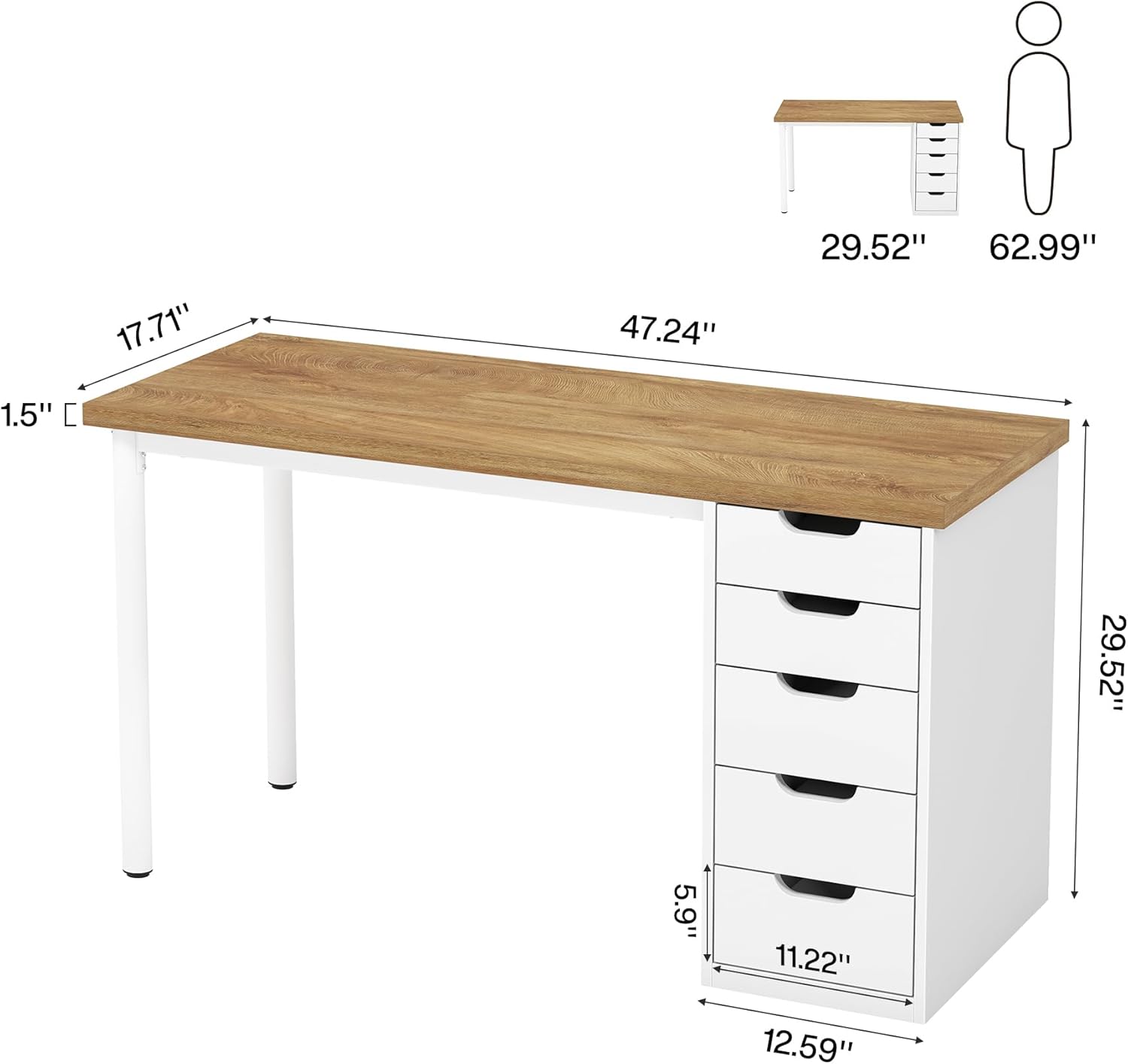 Tribesigns Computer Desk with 5 Drawers, 47 inches Rustic Brown Home Office Desk with Storage, Modern Simple Laptop Desk Study Writing Table for Small Spaces (1, Walnut+White)
