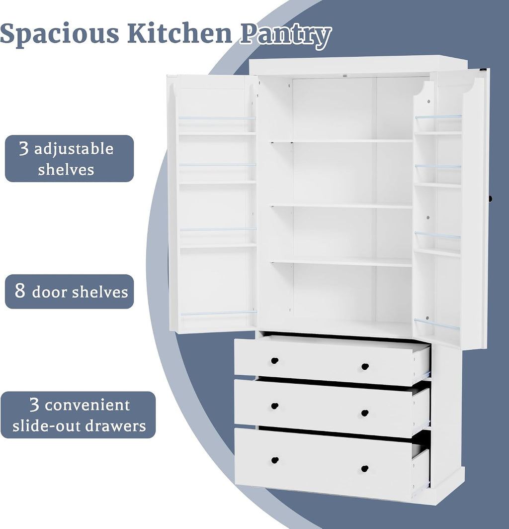 77inch Farmhouse Kitchen Pantry, Wood Storage Cabinet with 3 Adjustable Shelves, Freestanding Tall Cupboard Storage Cabinet with 8 Door Shelves and 3 Drawers for Kitchen, Dining Room (White-1)