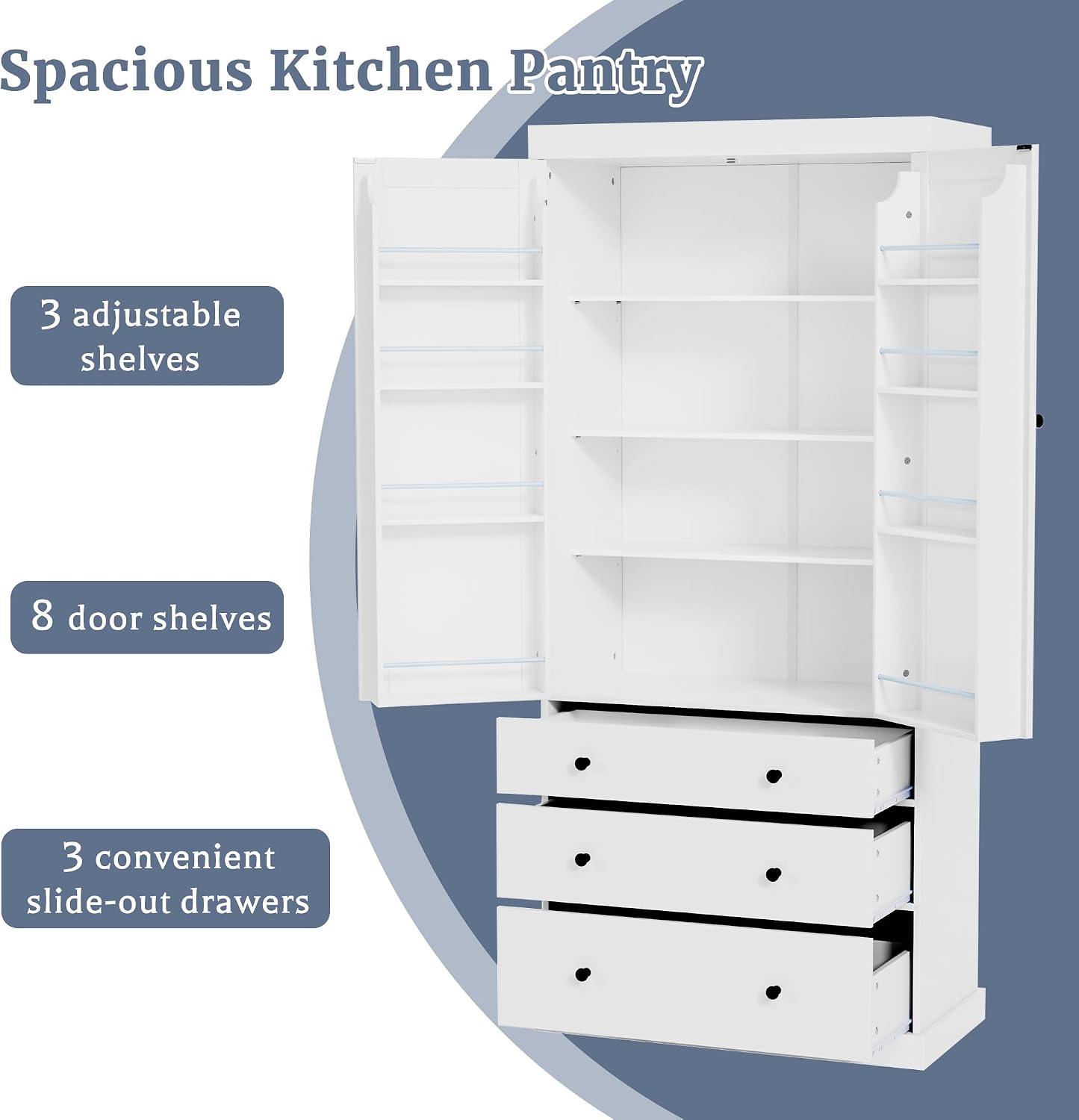 77inch Farmhouse Kitchen Pantry, Wood Storage Cabinet with 3 Adjustable Shelves, Freestanding Tall Cupboard Storage Cabinet with 8 Door Shelves and 3 Drawers for Kitchen, Dining Room (White-1)