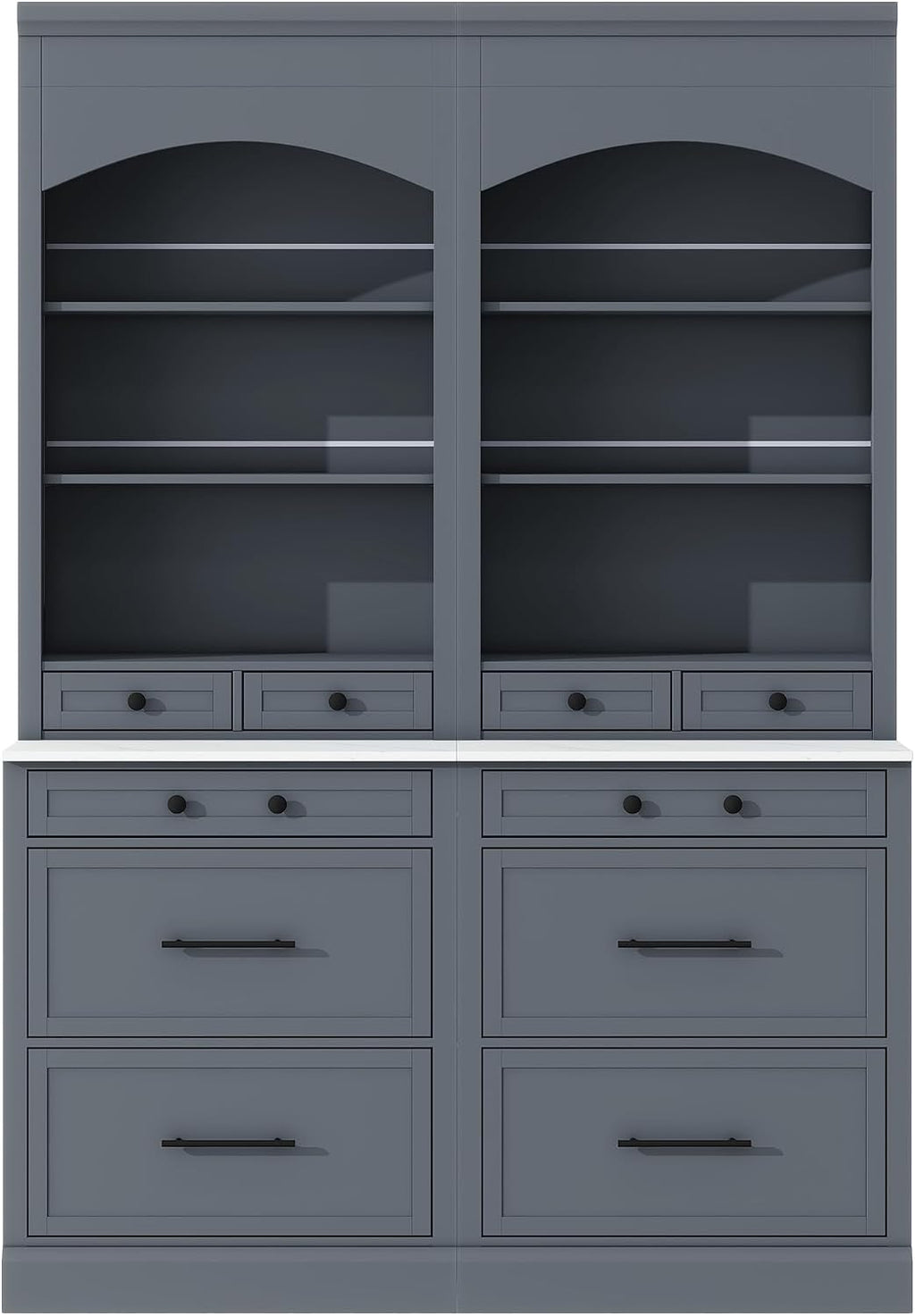 Modern 83.7inch High Kitchen Pantry, Freestanding Tall Kitchen Hutch with Faux Marble Top, Cupboard Cabinet with 5 Storage Drawers and Adjustable Shelf, Wood Storage Cabinet, Set of 2 (Gray-3)