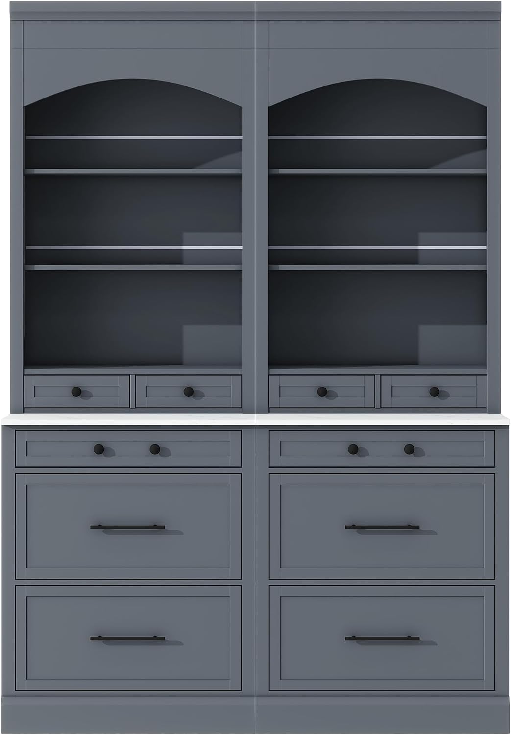 Modern 83.7inch High Kitchen Pantry, Freestanding Tall Kitchen Hutch with Faux Marble Top, Cupboard Cabinet with 5 Storage Drawers and Adjustable Shelf, Wood Storage Cabinet, Set of 2 (Gray-3)