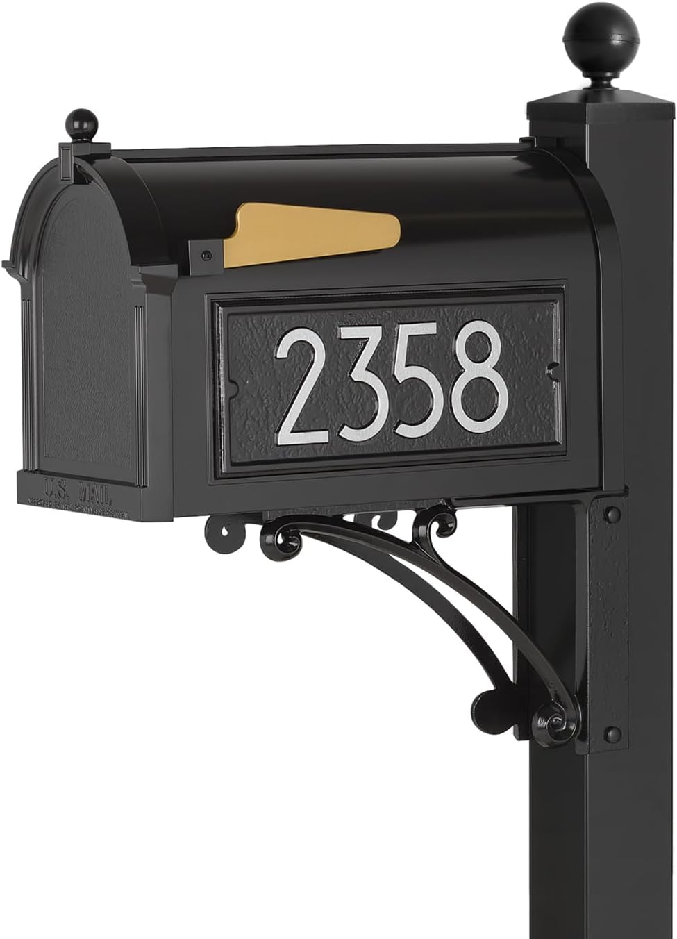Whitehall Custom Extra Large Mailbox, Capitol Model with Modern Style Address Plaques and Post Package, Sand Cast Aluminum, Black Personalized in Silvertone