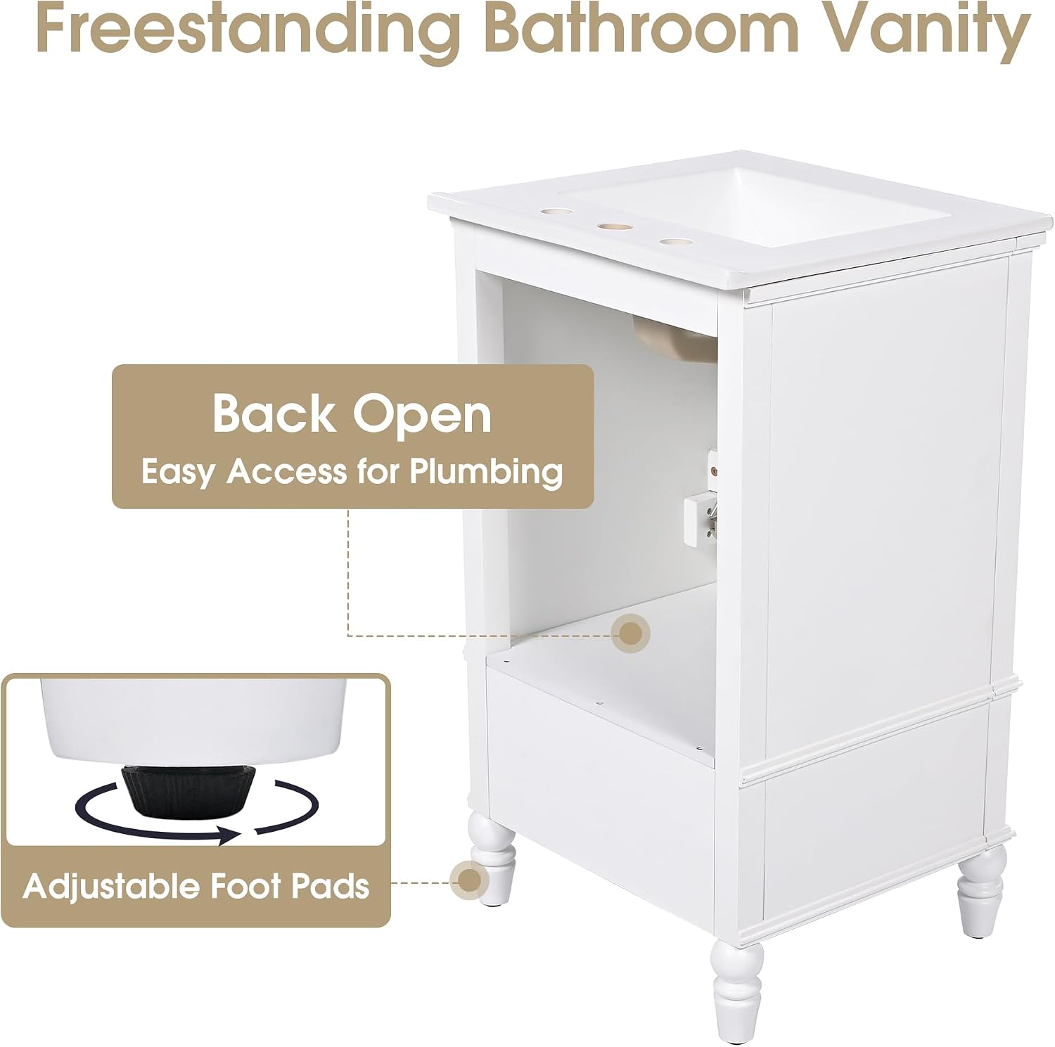 Flieks 20' Bathroom Vanity with Sink, Bathroom Cabinet with Two Doors, Magnetic Door Stopper and Adiustable Foot Pads, A Drawer, White