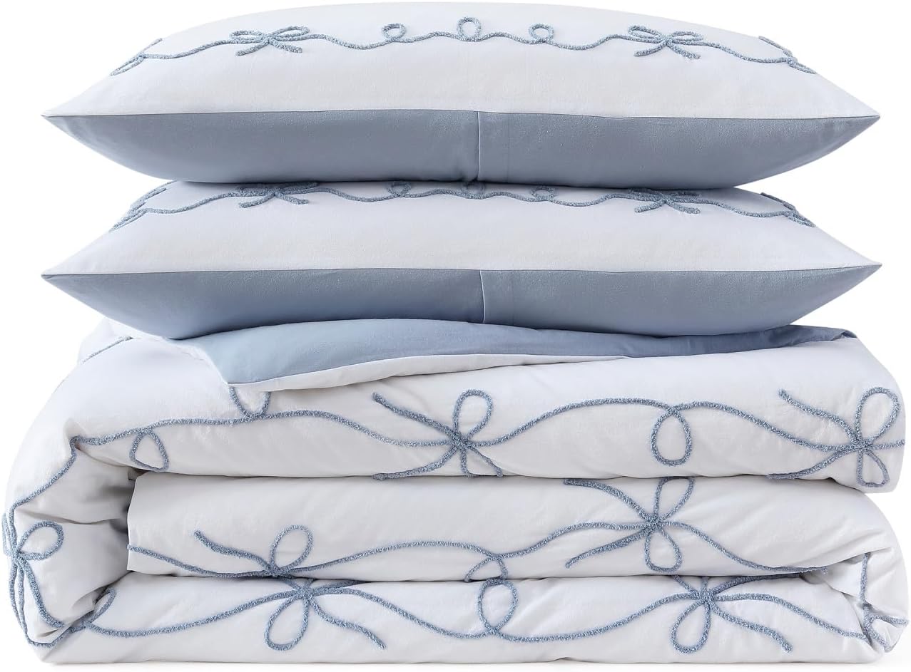 Peri Home Bows Duvet Cover Set 100% Cotton 2-Piece Bedding, Twin, Blue Sasha Bows