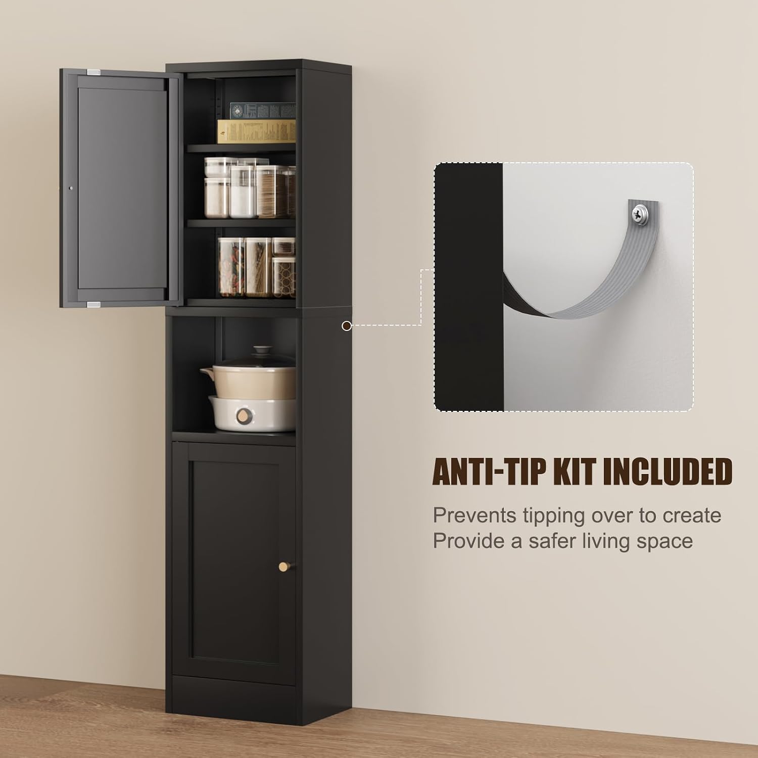 Bevivog Metal Bathroom Storage Cabinet Freestanding, 67' Tall Narrow Pantry Cabinet with Shelves for Kitchen, Skinny Metal Pantry with Hutch, 16' Wide Slim Cabinet for Small Spaces