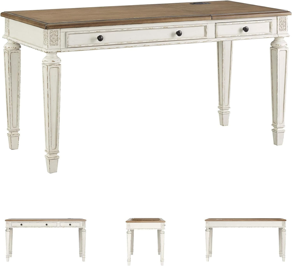 Signature Design by Ashley Realyn Home Office Lift Top Desk, USB Charging, Spring Lift Top, Smooth-gliding Drawer, 60' W x 28' D x 31' H, Chipped White and Brown