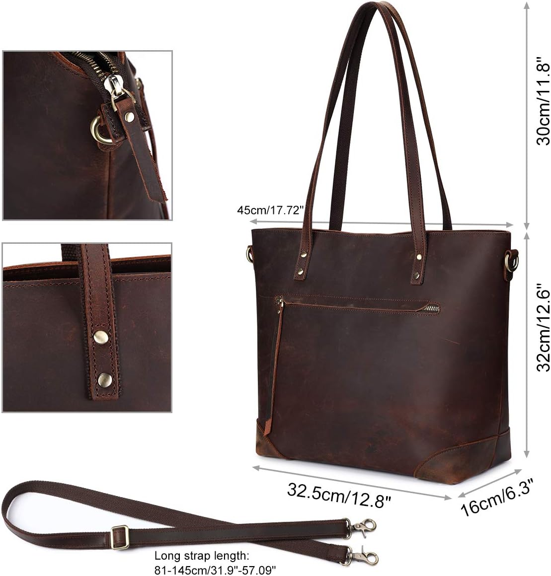 S-ZONE Vintage Genuine Leather Shoulder Bag Work Totes for Women Purse Handbag with Back Zipper Pocket Large