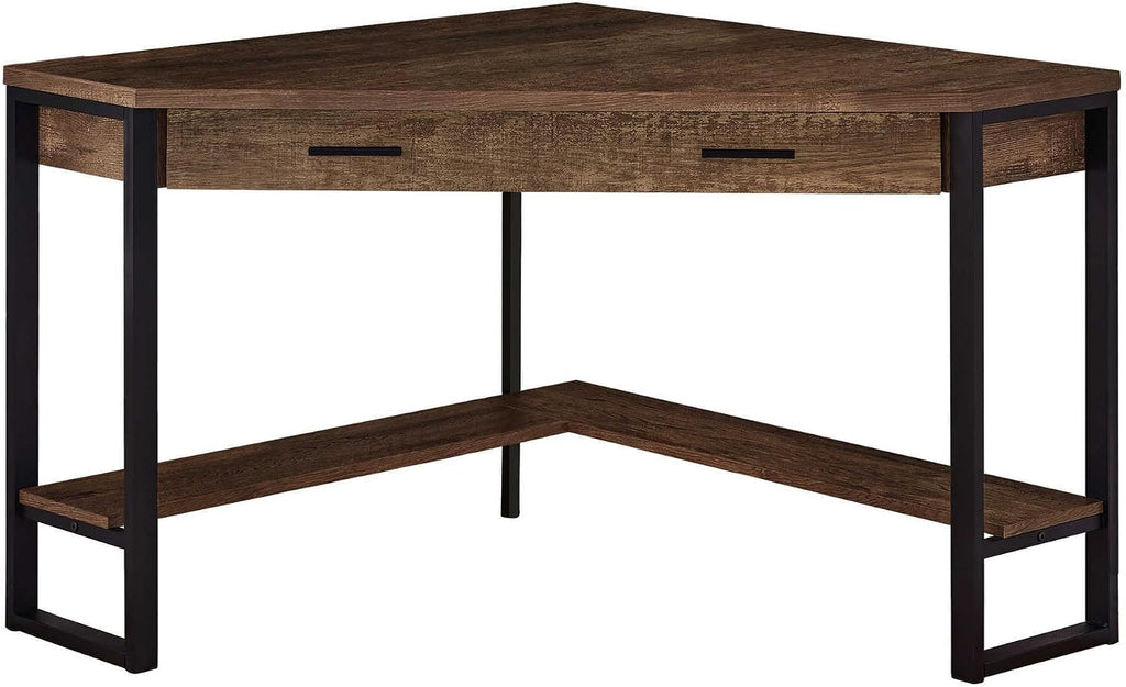 Pemberly Row Home Office Corner Computer Desk, 42' L, Reclaimed Wood Brown and Black Finish, Metal Frame, 1 Drawer, Bottom Shelf, Traditional Style Writing Desk for Work or Laptop Use
