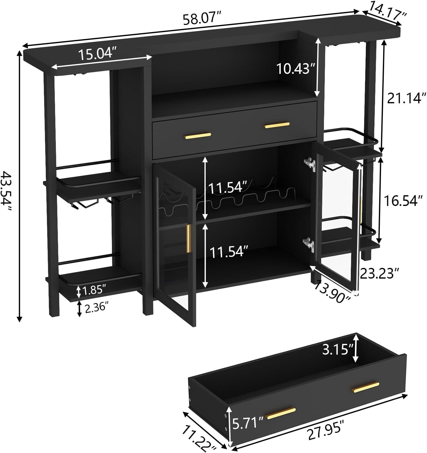 Loomie Bar Table Cabinet with LED Lights & Drawer, 8-Tier Wine Bar Cabinet with Wine Rack & Stemware Holder, Home Bar Unit Liquor Cabinets with Glass Door, Crescent Shaped Counter for Home Pub (Black)