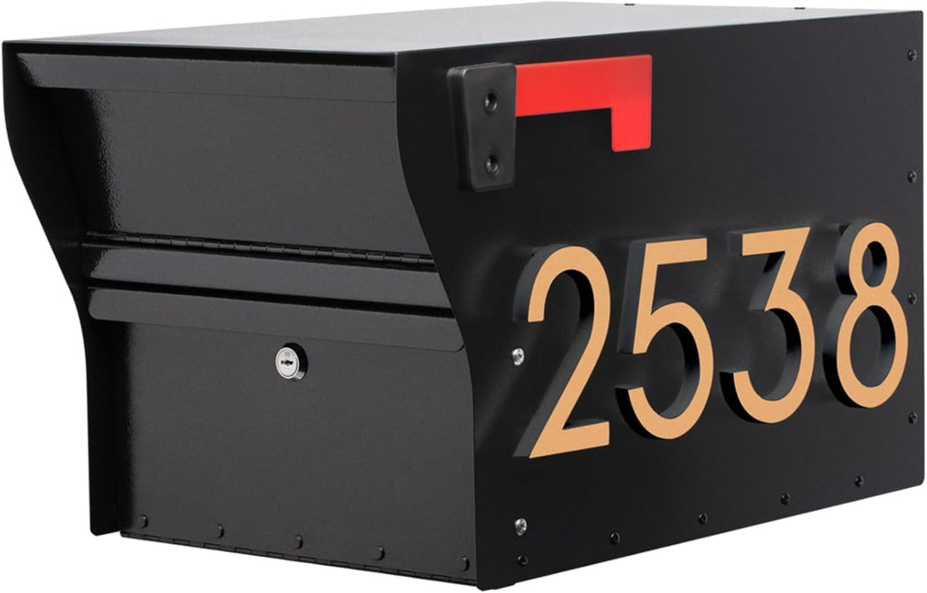 Whitehall MailVault Streetside Locking Mailbox, Personalize with Modern Stand-Off Address Numbers Package – Steel, Secure Weather Resistant Modern Square Mailbox (Black/Gold)