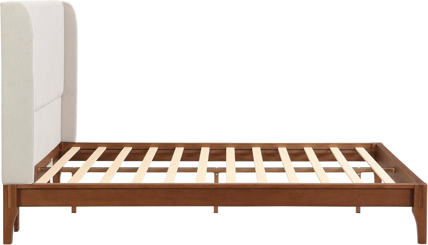 Merax Queen Size Bamboo Platform Bed, Mid-Century Bed Frame with Tall Upholstered Headboard, Wood Slat Support, No Box Spring Needed, Easy Tool-Free Assembly, Beige+Brown