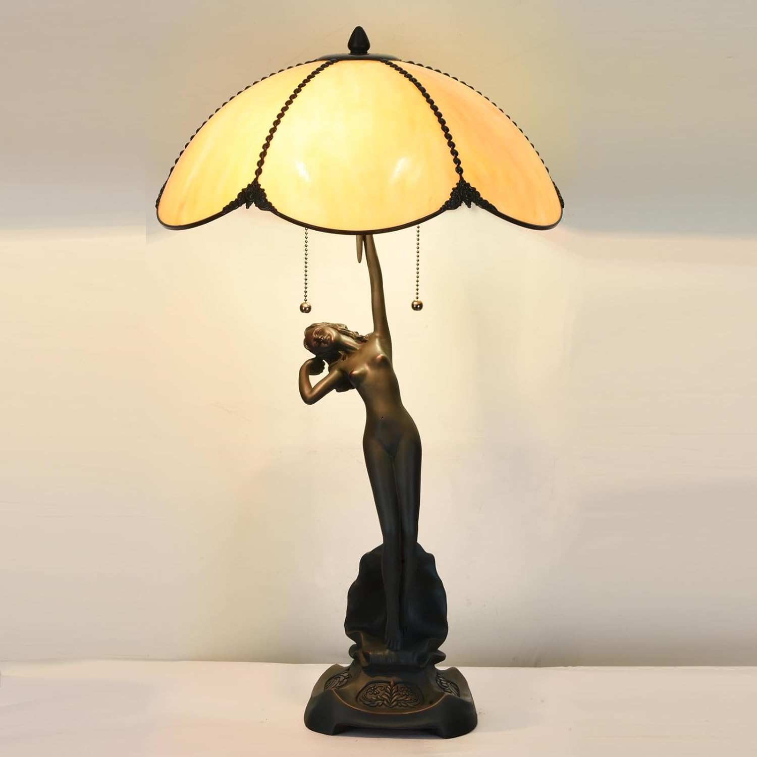 TL0033 Tiffany Style Table Lamp Handmade Stained Glass Umbrella Shade with Lady Sculpture Base W 15.75 X OH 27 Inches, Art Nouveau Lamp for Home Office, LED Bulbs Included
