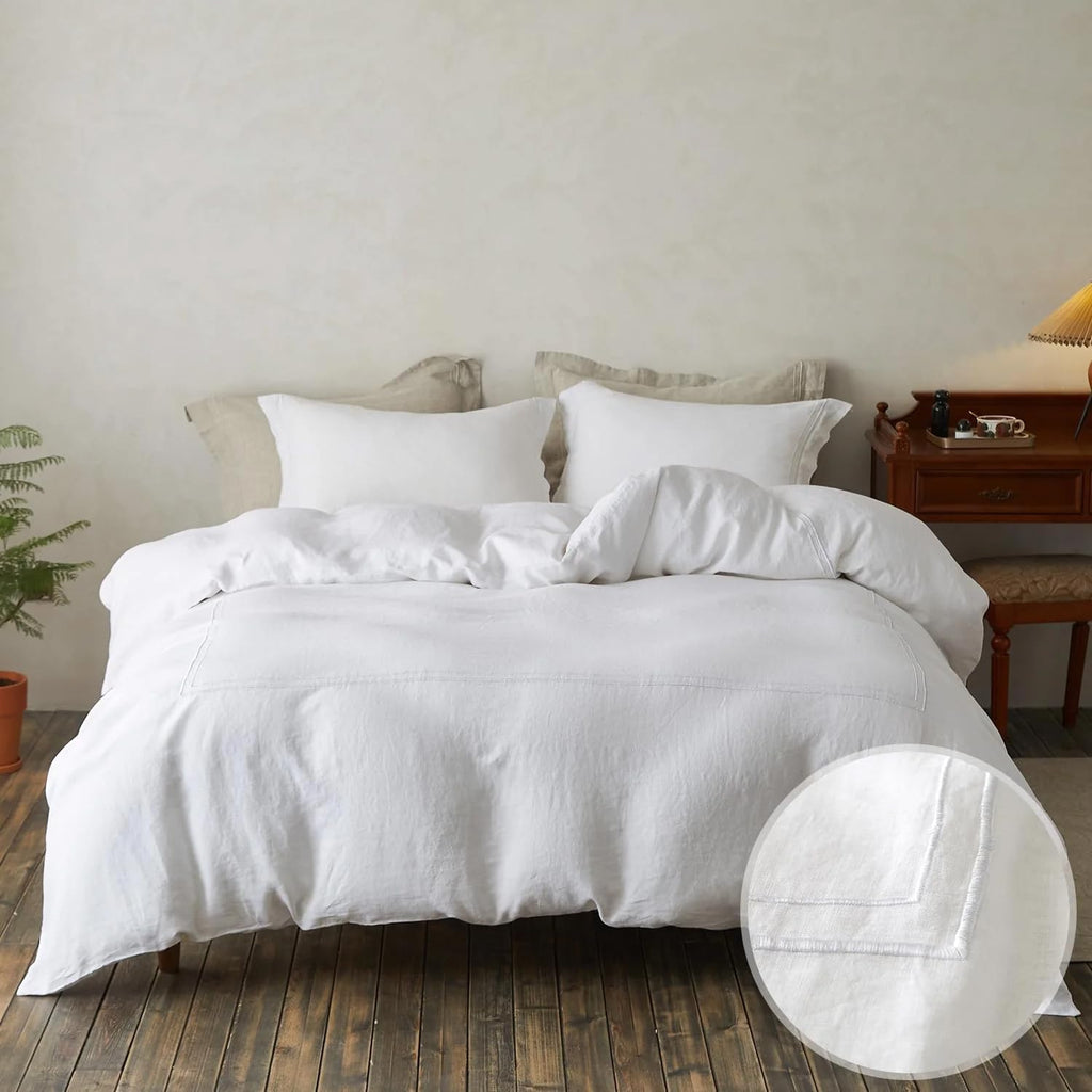 Simple&Opulence 100% Washed Linen Duvet Cover Set 88'x92' - 3 Pieces Soft Farmhouse Comforter Cover Set Double Embroidered with Button Closure - 1 Duvet Cover and 2 Pillowshams (White, Queen)
