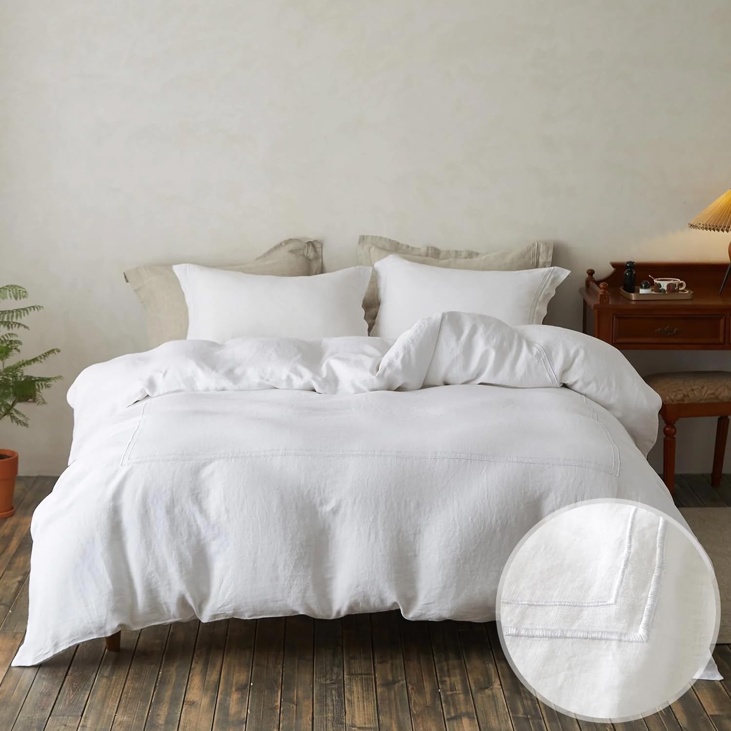 Simple&Opulence 100% Washed Linen Duvet Cover Set 88'x92' - 3 Pieces Soft Farmhouse Comforter Cover Set Double Embroidered with Button Closure - 1 Duvet Cover and 2 Pillowshams (White, Queen)