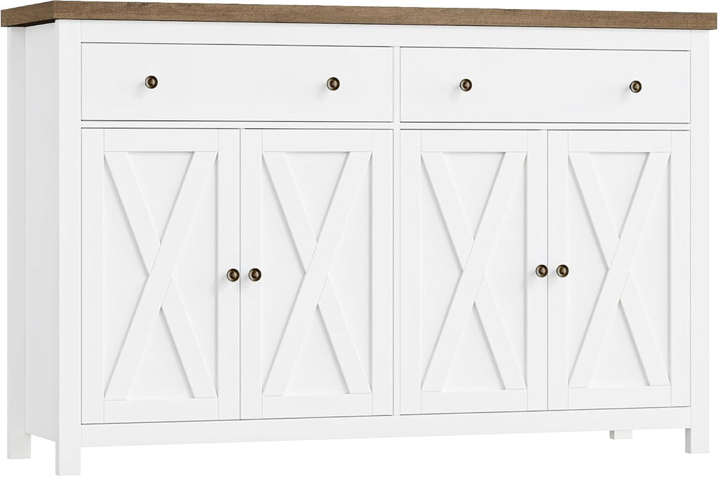 FOTOSOK Sideboard Buffet Cabinet with Storage, 55' Large Kitchen Storage Cabinet with 2 Drawers and 4 Doors, Wood Coffee Bar Buffet Table Console Table for Kitchen Dining Room, White