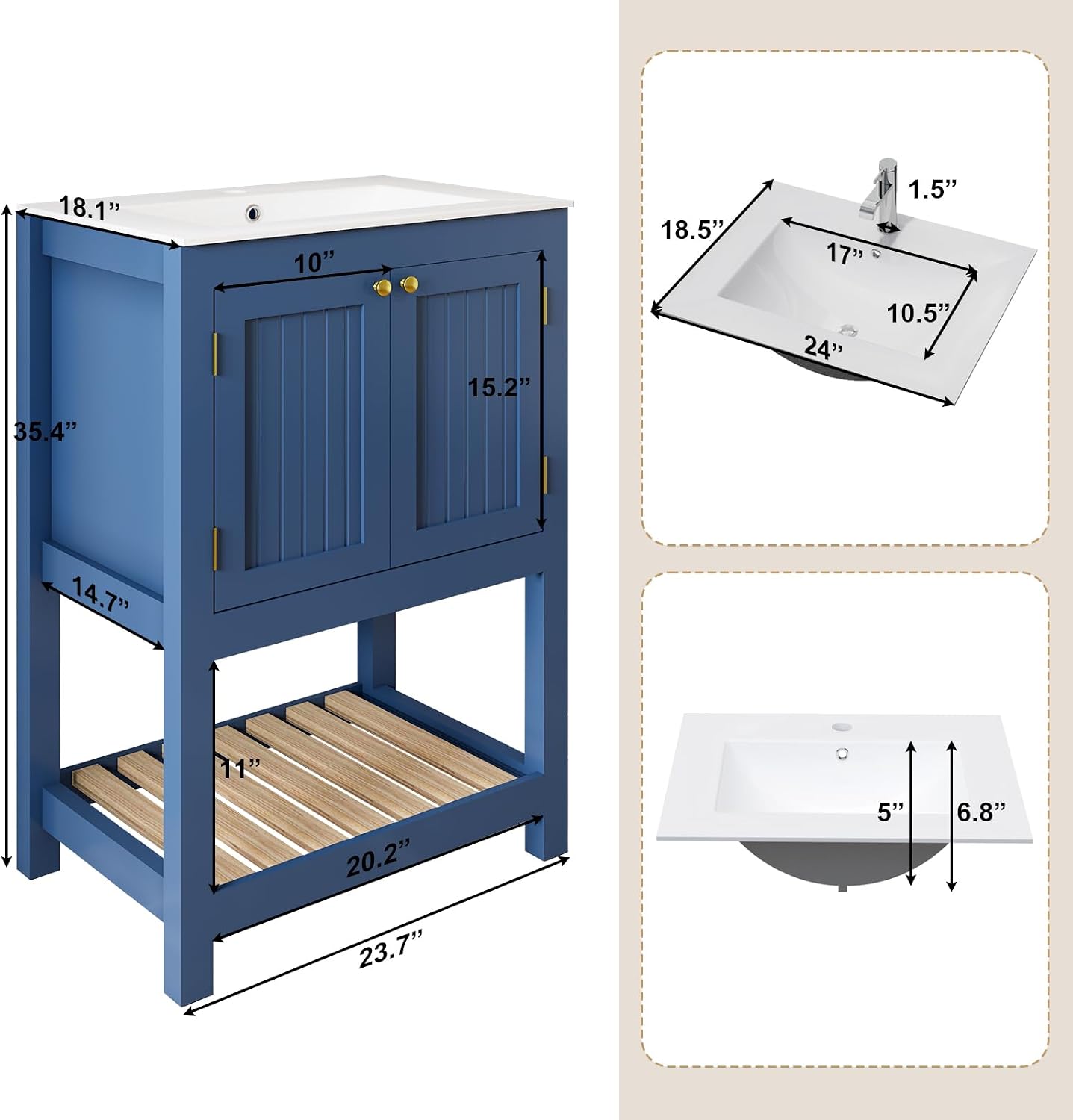 24 Inch Small Bathroom Vanity with Sink, Modern Bathroom Sink Cabinet with Open Shelf, Ceramic Basin, Blue