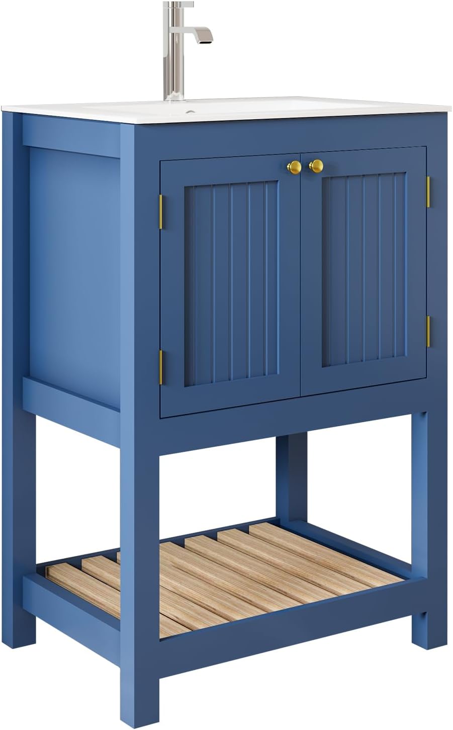 24 Inch Small Bathroom Vanity with Sink, Modern Bathroom Sink Cabinet with Open Shelf, Ceramic Basin, Blue