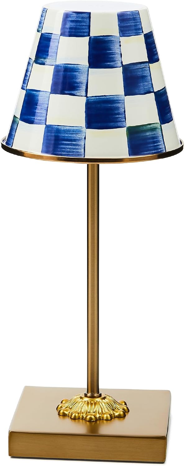 MACKENZIE-CHILDS LED Rechargeable Cafe Table Lamp, Cordless Decorative Lamp, Blue-and-White Royal Check