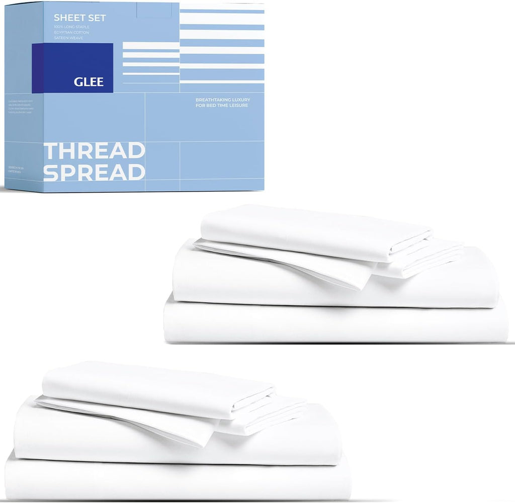 THREAD SPREAD 2 Pack King Size Sheets Set - 400 Series Glee Collection 100% Cotton Sateen - Extra Soft, Breathable, Hotel Cooling Sheets, 2 Sets of King Size Deep Pocket Bed Sheets (White)
