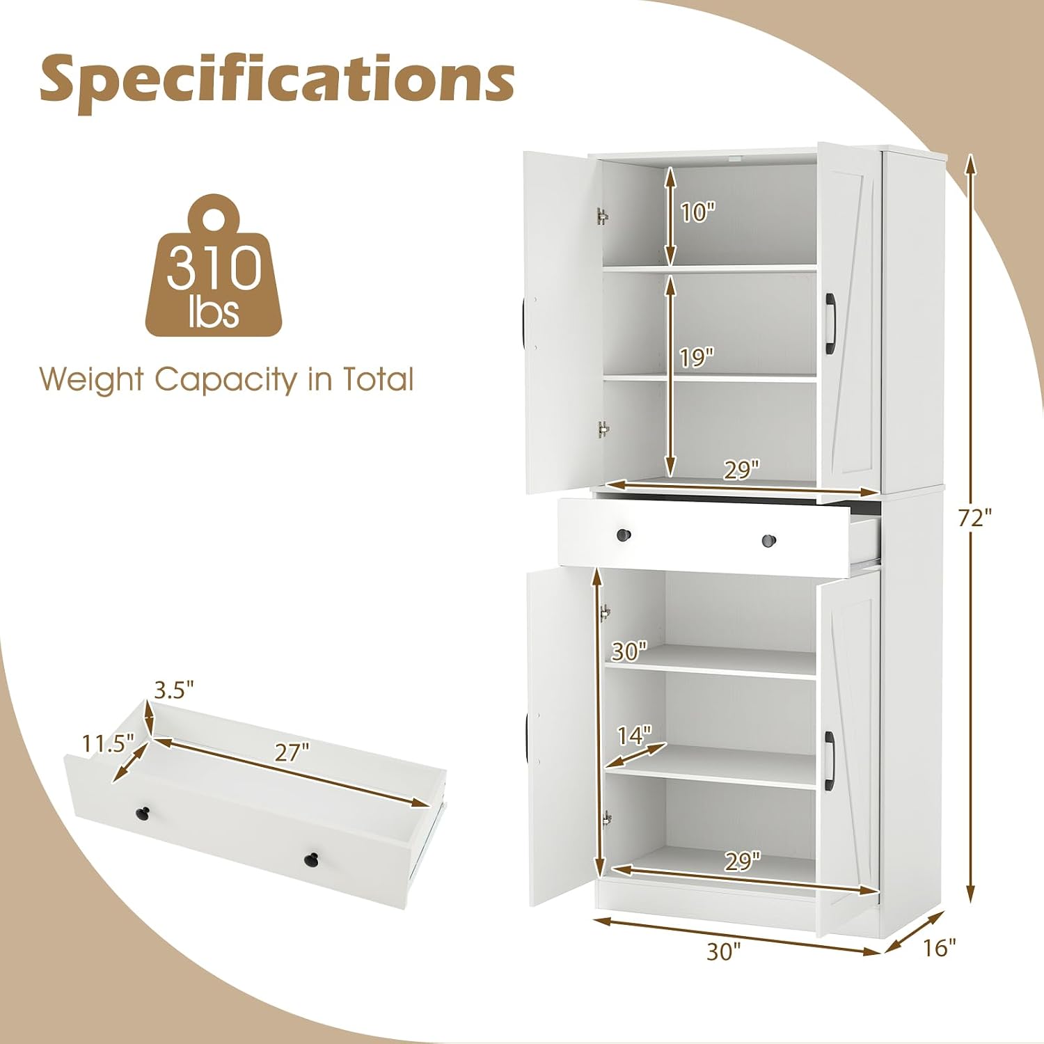Giantex 72' Tall Kitchen Pantry Cabinet, Modern Farmhouse Pantry Storage Cabinet with 4 Barn Doors, Adjustable Shelves & Drawer, Buffet Cupboard with Living Room, Dining Room, Bathroom, White